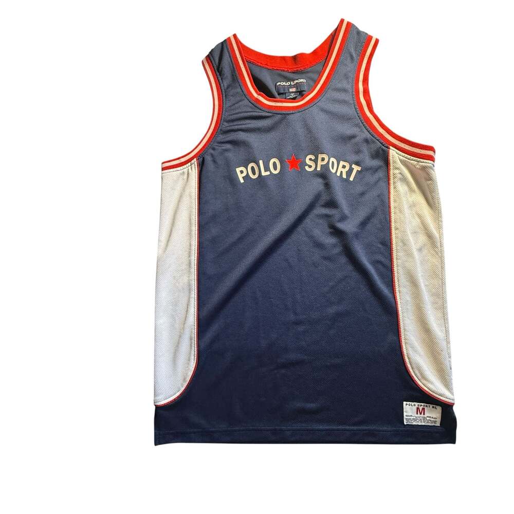 Vintage Polo Sport Ralph Lauren Mesh Basketball Jersey Tank Top Navy Red White
